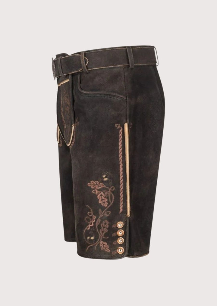 Durable men's Lederhosen with floral embroidery, designed for comfort and style at Oktoberfest and cultural gatherings.