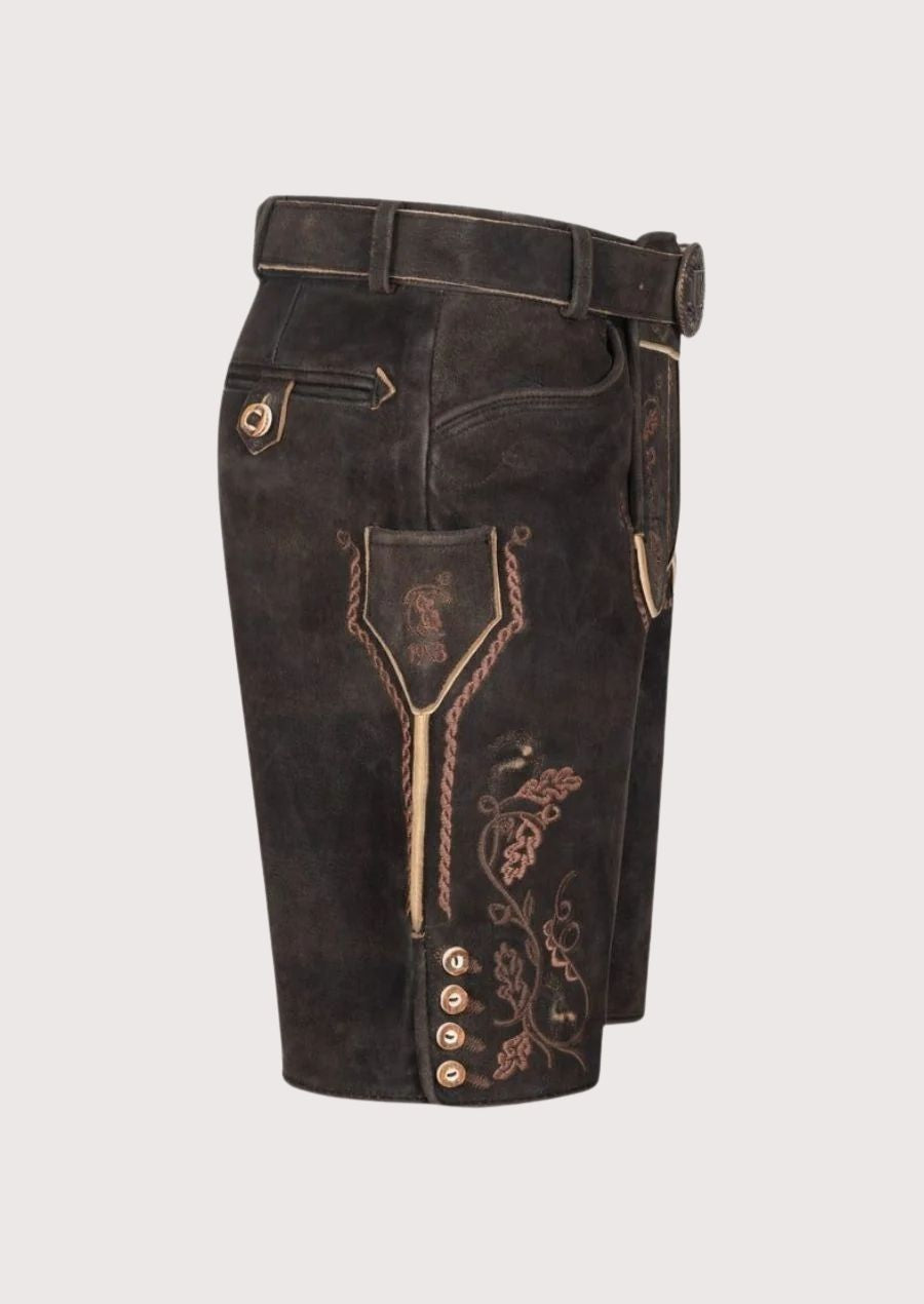 Oktoberfest-ready men's Lederhosen crafted from luxurious leather with detailed floral embroidery for a timeless look.