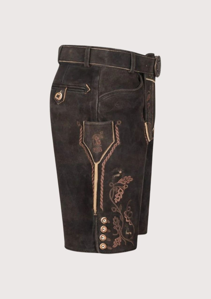 Oktoberfest-ready men's Lederhosen crafted from luxurious leather with detailed floral embroidery for a timeless look.