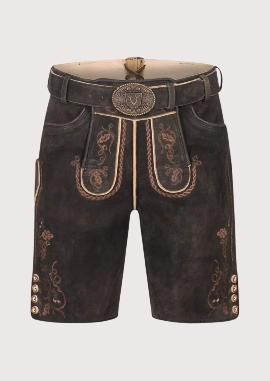 Premium leather men's Lederhosen with intricate floral embroidery, ideal for Oktoberfest and cultural festivals.