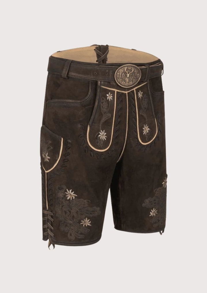 Traditional German Men’s Lederhosen in Dark Brown Suede with Floral Detailing

