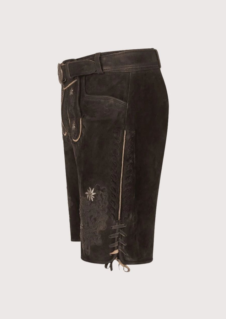 High-Quality Suede Lederhosen for Men Featuring Edelweiss Stitching and Heritage Belt

