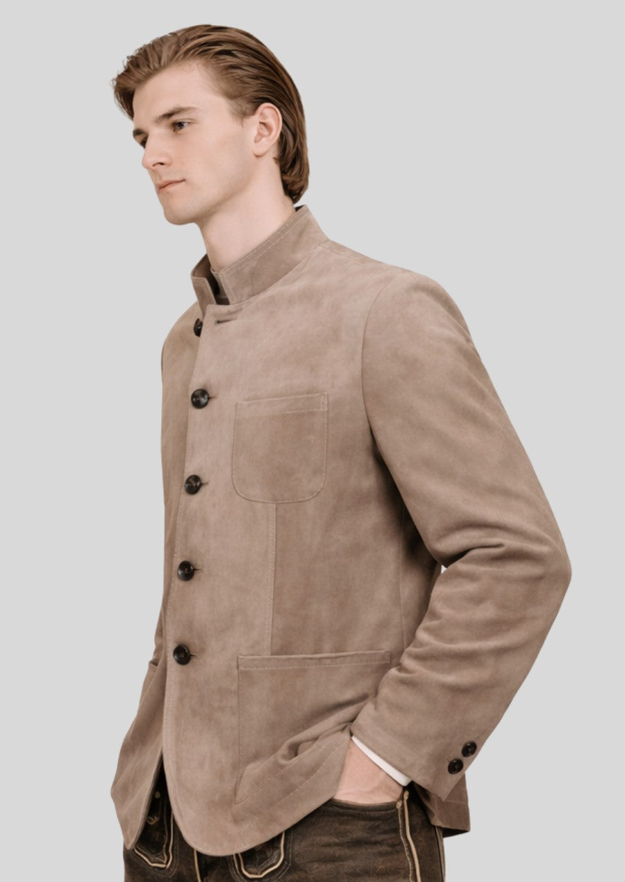 Premium light brown alpine jacket for men featuring a structured fit and traditional German trachten design.