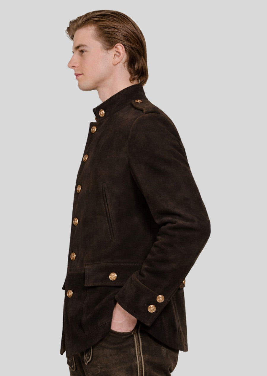 Luxury German trachten jacket for men with brass buttons, tailored fit, and refined alpine styling.
