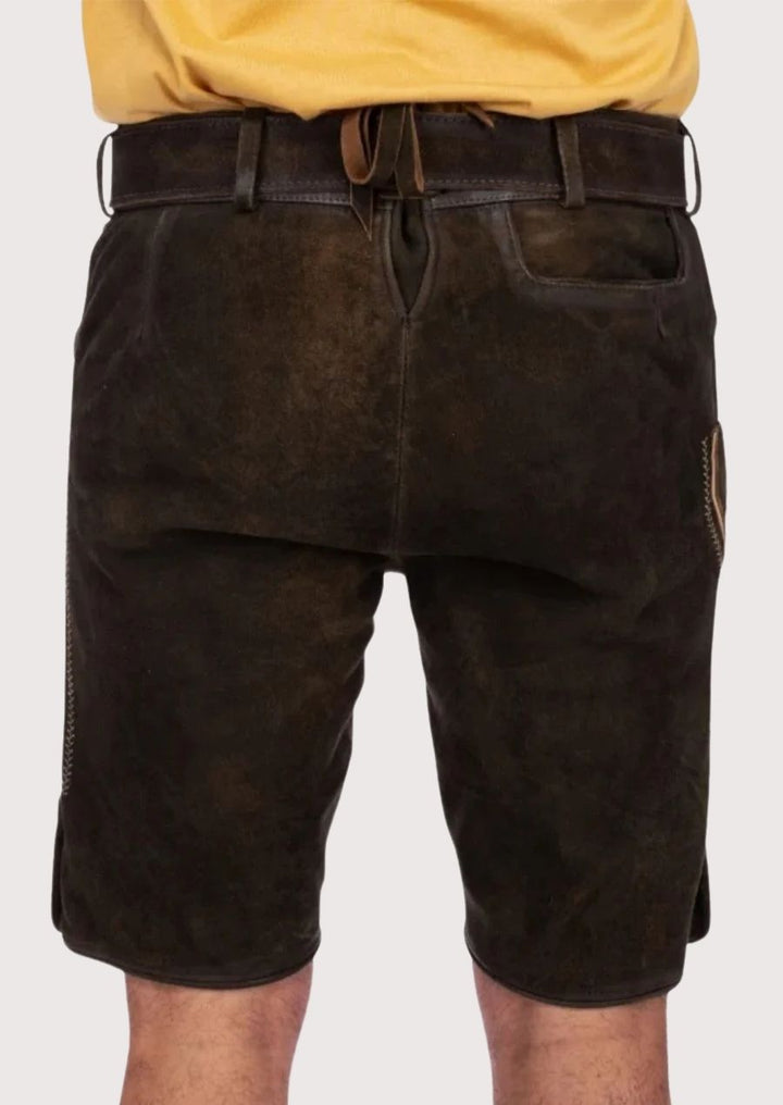 Dark brown traditional German lederhosen with intricate side embroidery