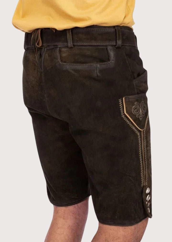 Handcrafted men’s leather lederhosen shorts for weddings and formal events