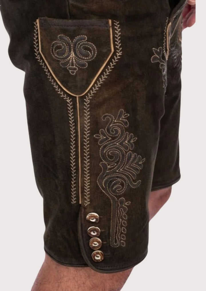 Traditional Oktoberfest leather shorts with royal crest belt and decorative embroidery