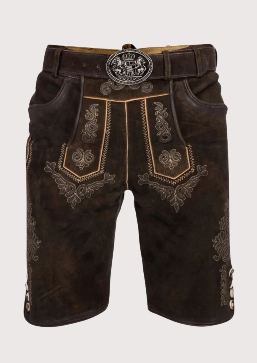 Luxury Lederhosen for Men with traditional Bavarian embroidery and belt buckle