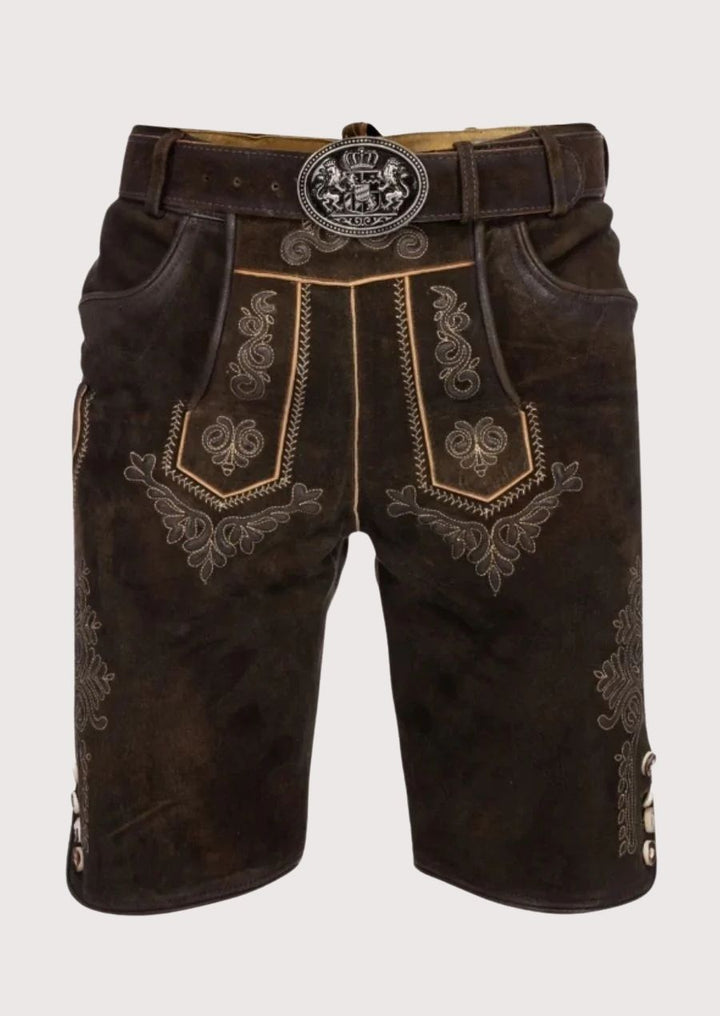 Luxury Lederhosen for Men with traditional Bavarian embroidery and belt buckle