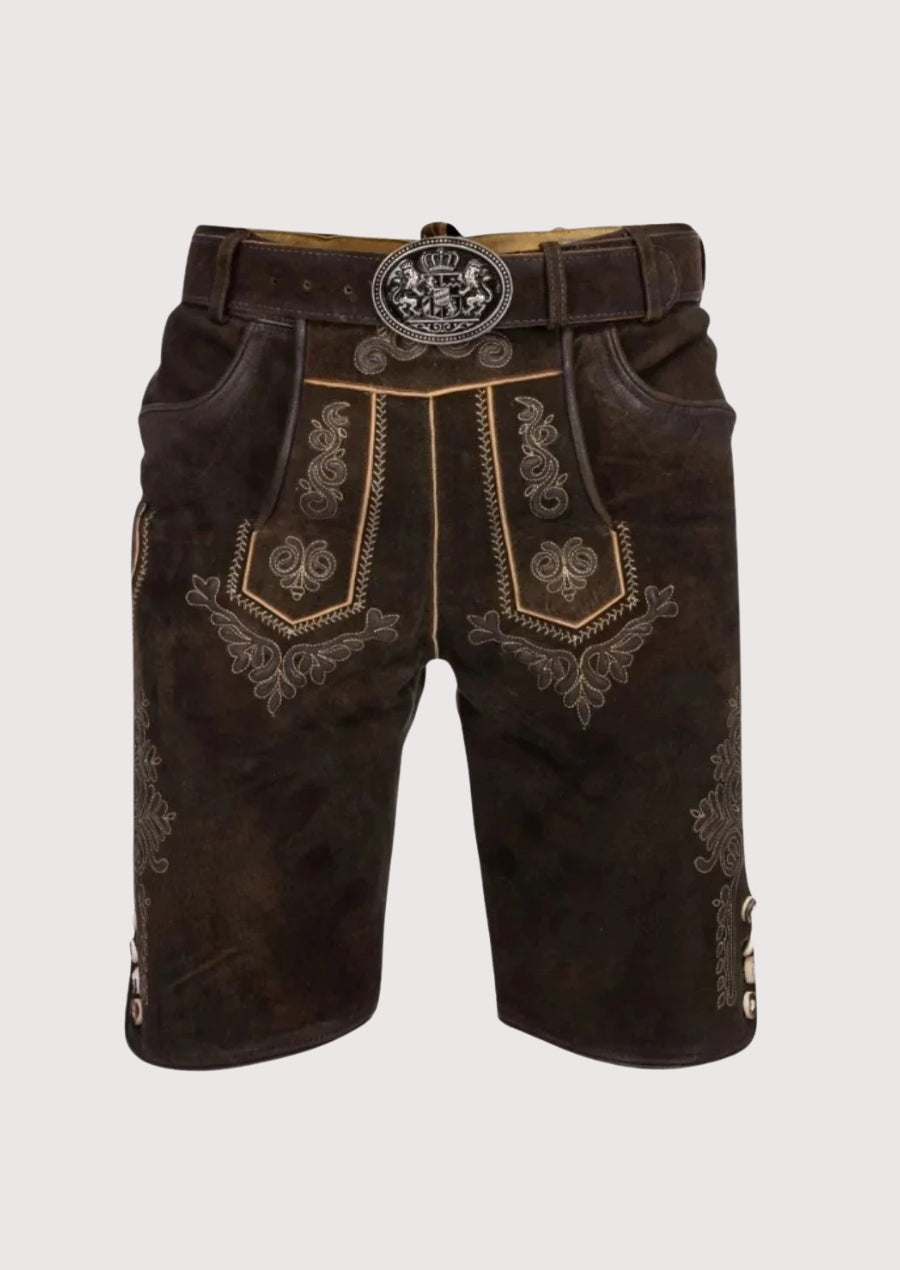 Brown embroidered shorts with a belt on a light gray background