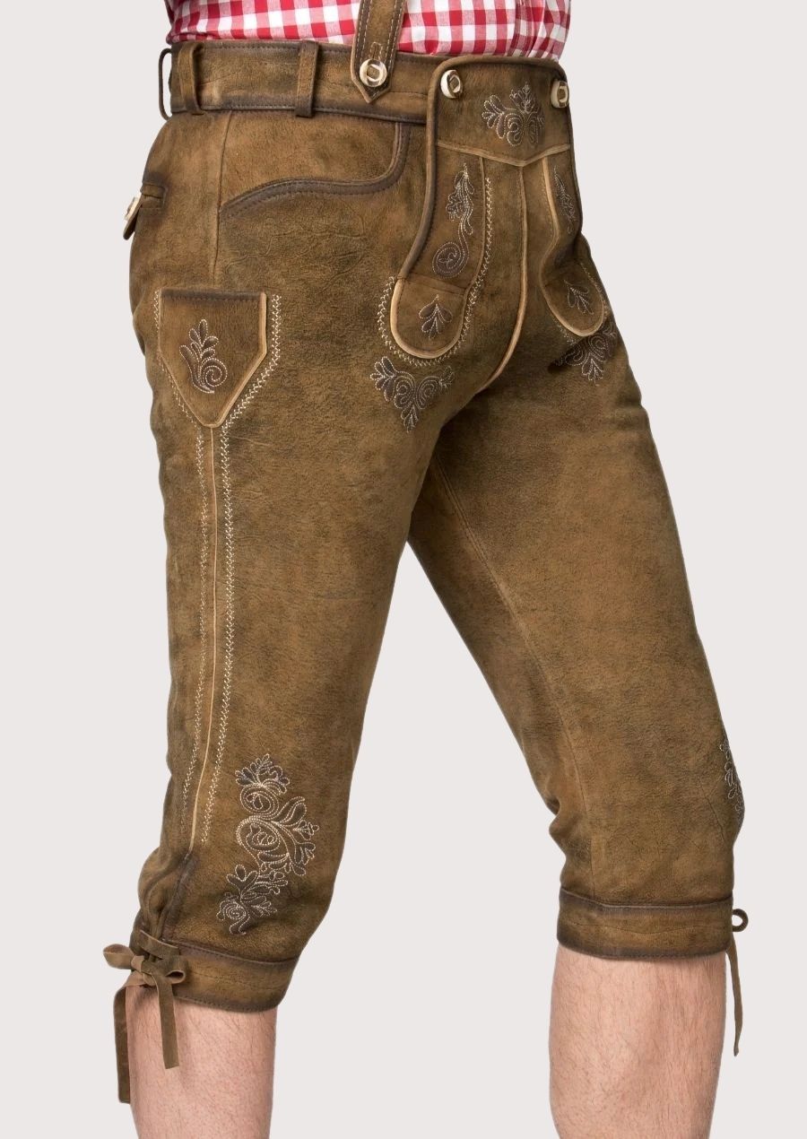 Luxury Bundhosen pants for men – Traditional leather craftsmanship with adjustable fit, ideal for outdoor winter festivals and adventures.