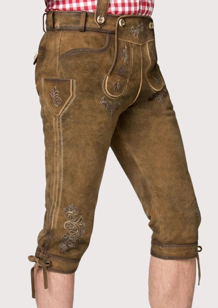 Luxury Bundhosen pants for men – Traditional leather craftsmanship with adjustable fit, ideal for outdoor winter festivals and adventures.
