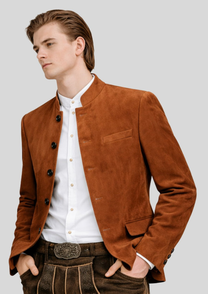 Men’s tan alpine janker jacket styled for premium Oktoberfest traditional wear