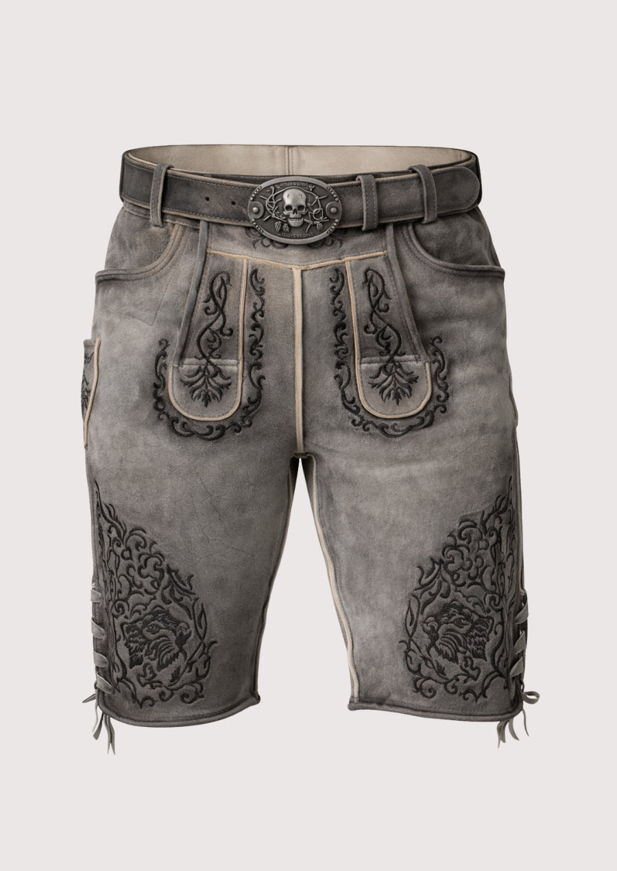 Decorative shorts with intricate patterns and a belt on a light gray background