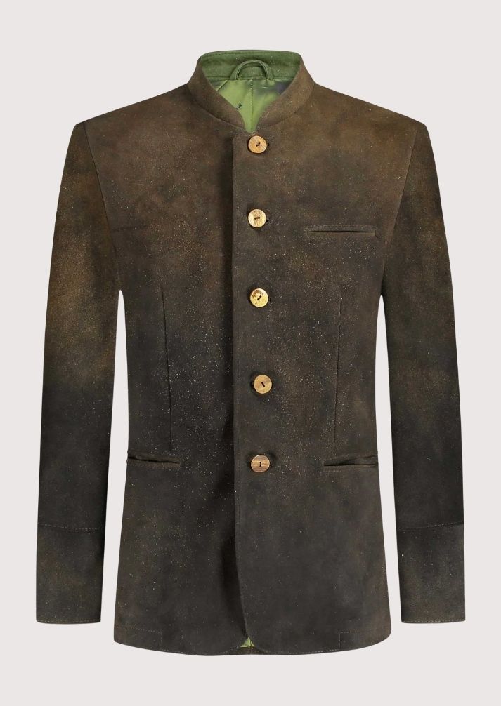 Men’s Authentic Trachten Jacket in brown with wooden buttons, ideal for Oktoberfest, cultural events, and Bavarian celebrations.