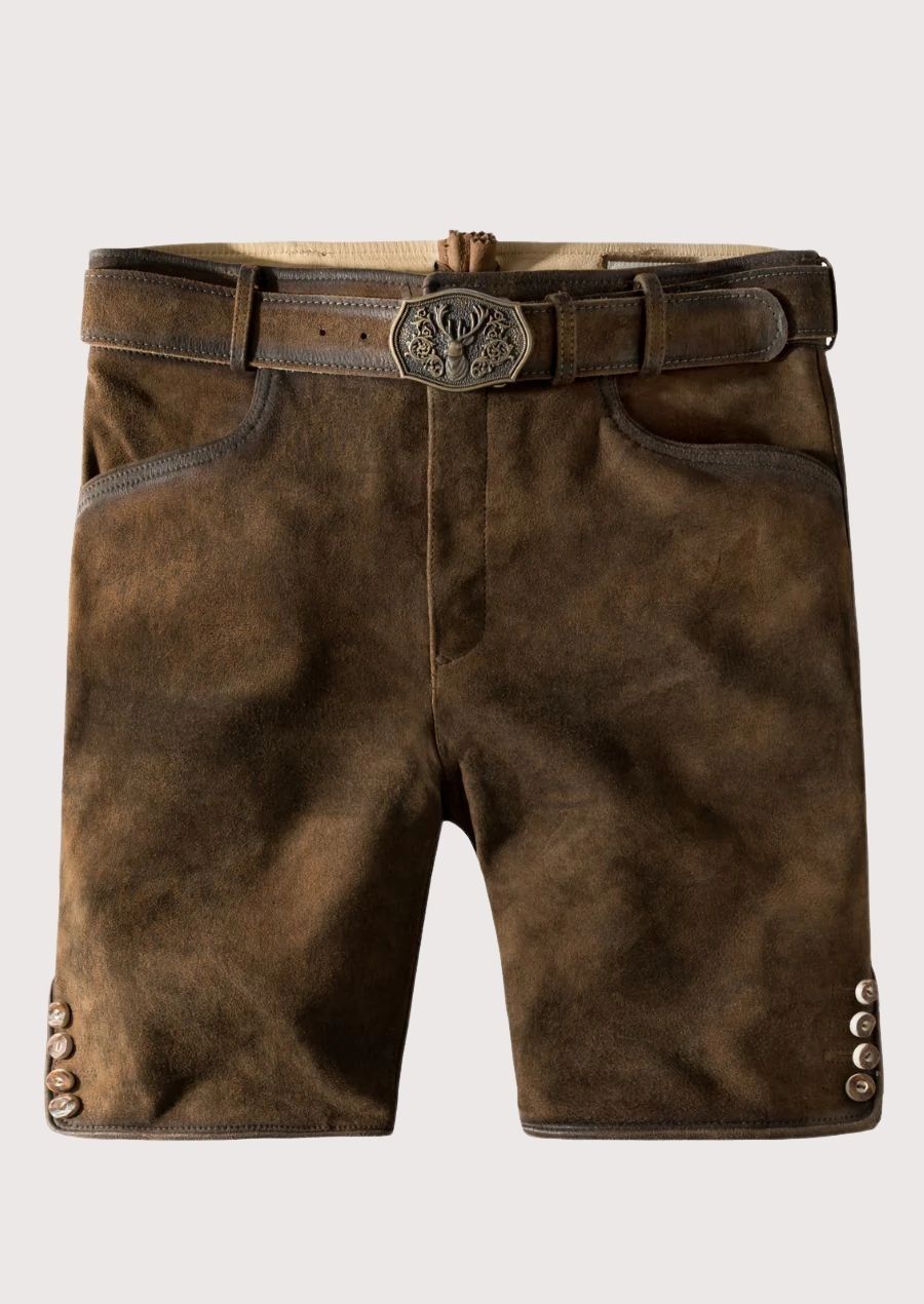 Authentic Bavarian leather lederhosen for men with antique belt – perfect for Oktoberfest 2025 celebrations


