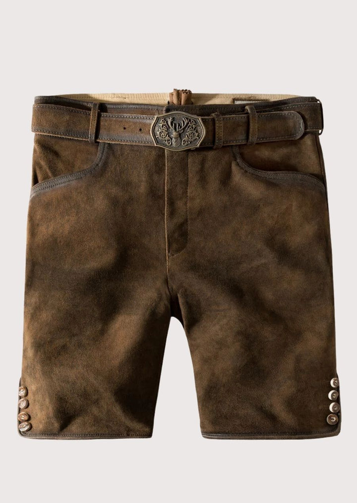 Authentic Bavarian leather lederhosen for men with antique belt – perfect for Oktoberfest 2025 celebrations

