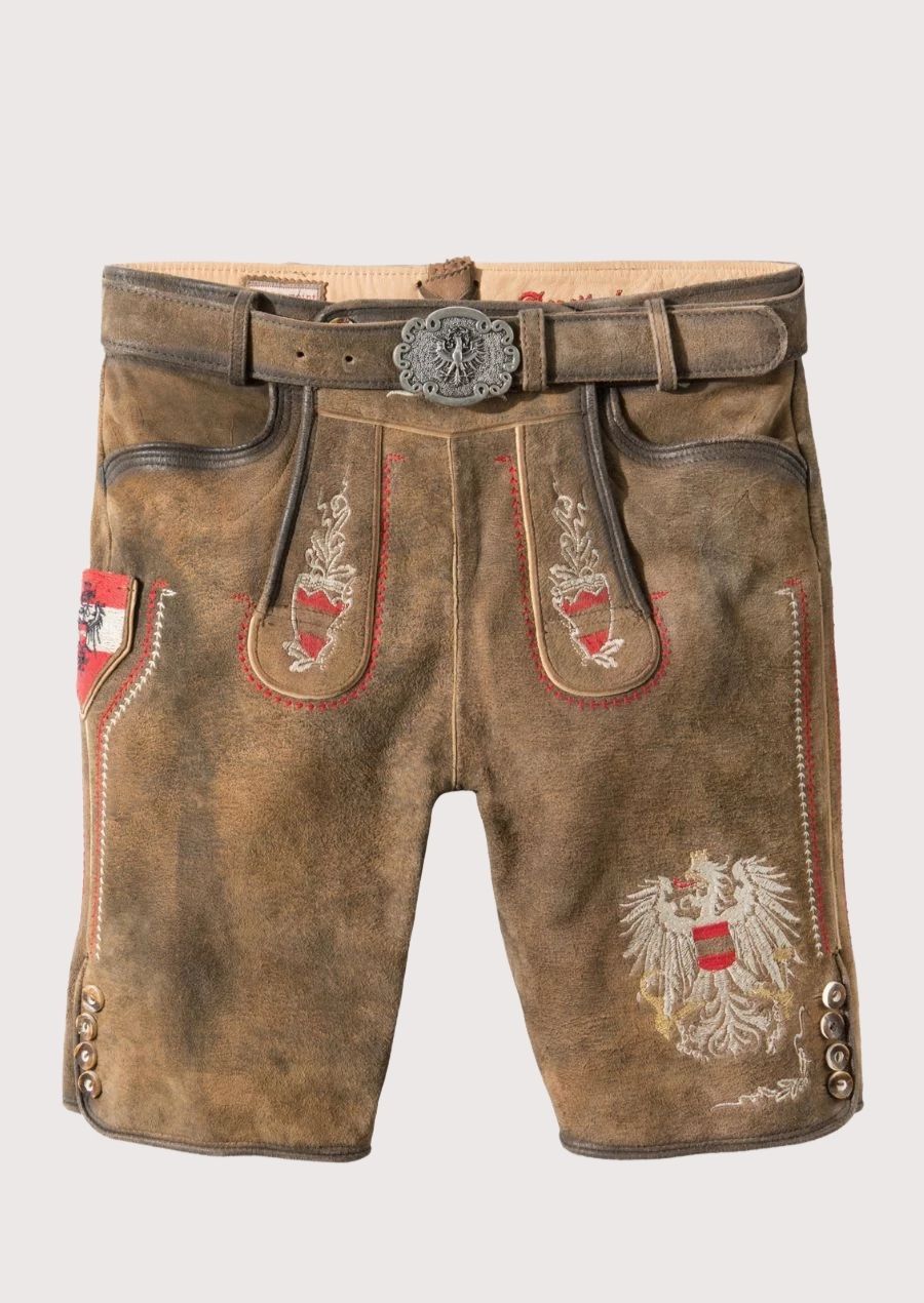 Traditional Bavarian Men’s Lederhosen with Red and White Embroidery for Oktoberfest

