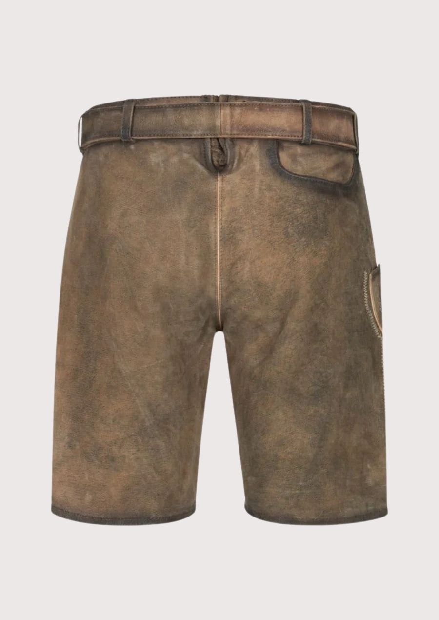 Dark brown men's Lederhosen with premium leather and floral embroidery, designed for Oktoberfest.