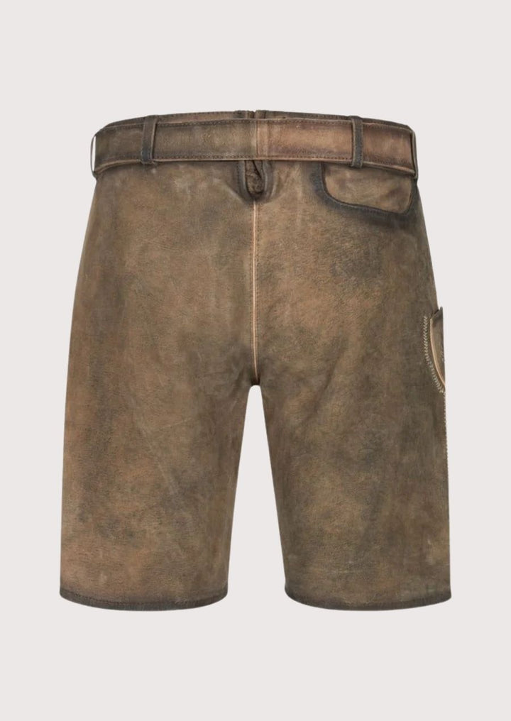 Dark brown men's Lederhosen with premium leather and floral embroidery, designed for Oktoberfest.