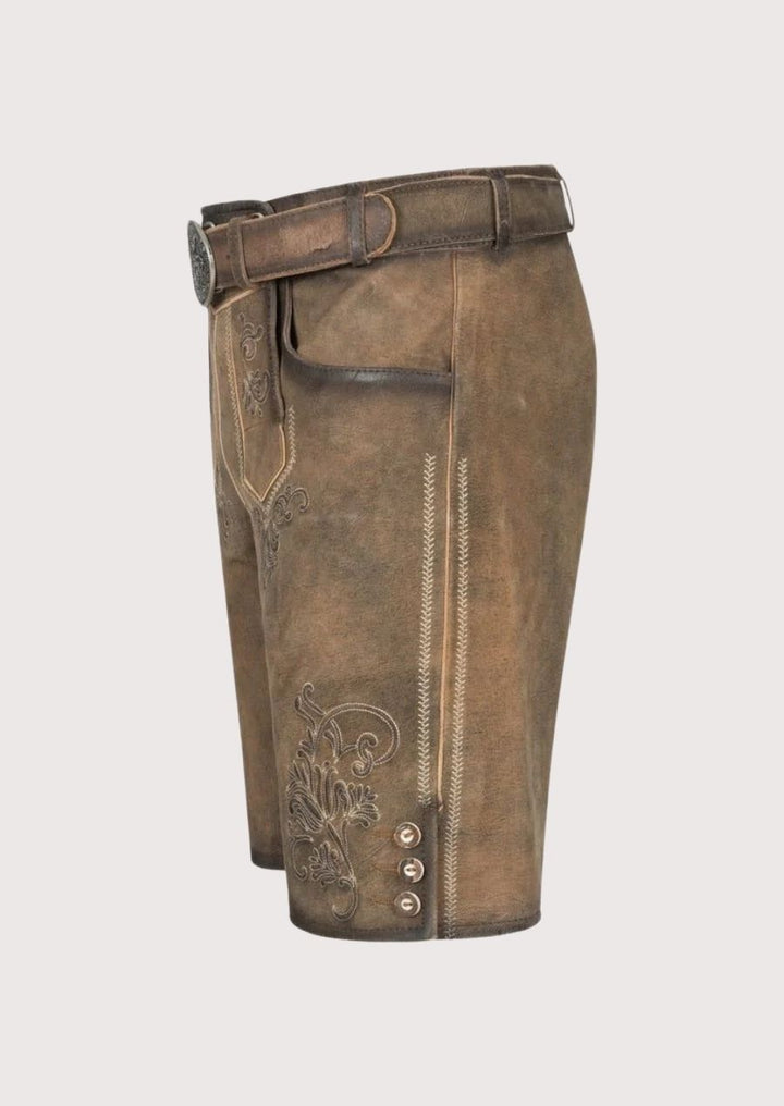 Men’s Lederhosen with floral embroidery, crafted from high-quality leather, perfect for cultural events.