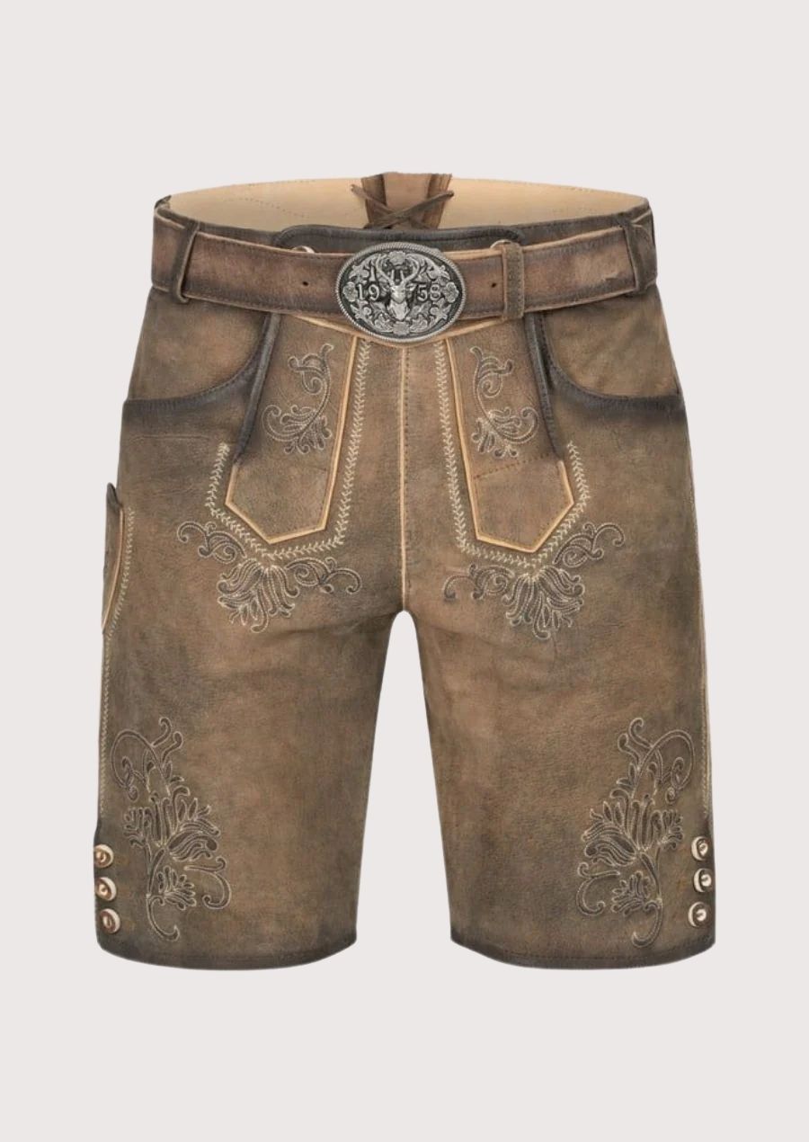 Premium leather men's Lederhosen with intricate floral embroidery for Oktoberfest and cultural festivals.