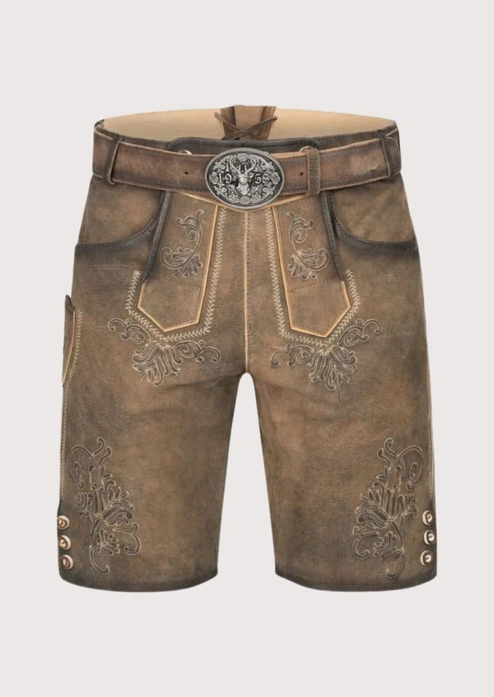 Premium leather men's Lederhosen with intricate floral embroidery for Oktoberfest and cultural festivals.