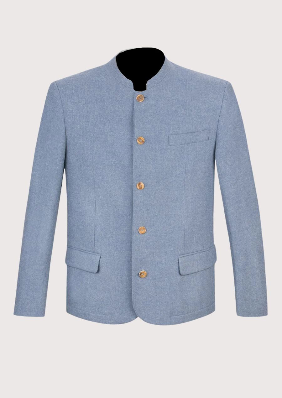 Light blue men’s Trachten jacket with traditional Bavarian wooden-style buttons

