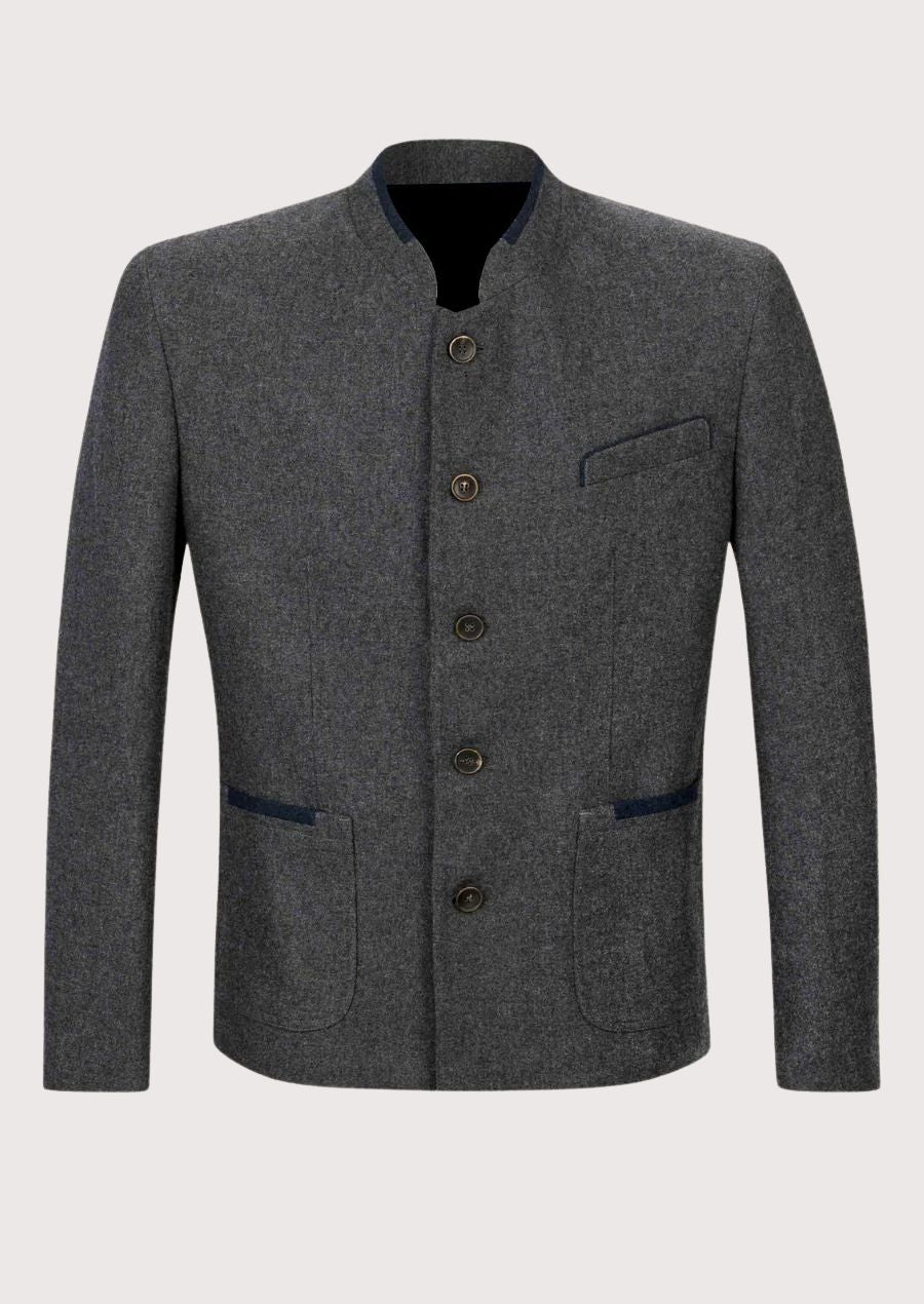 Men’s traditional Trachten jacket in classic grey wool with button-up front and elegant collar detailing