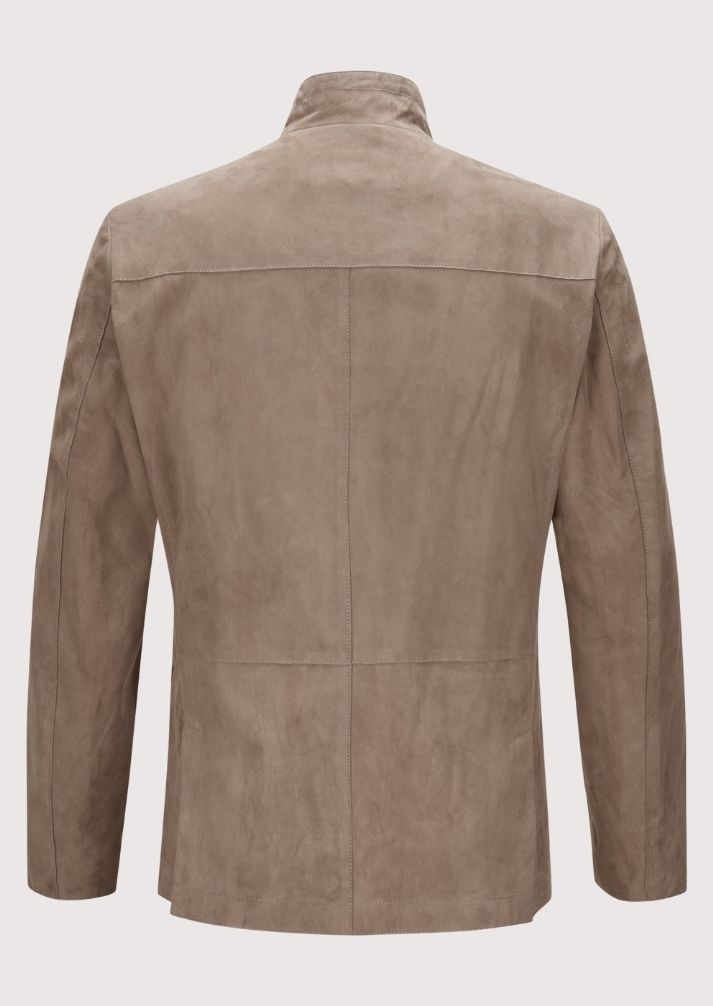 Elegant Trachten Jacket in beige suede with traditional Bavarian design, perfect for Oktoberfest and cultural gatherings.