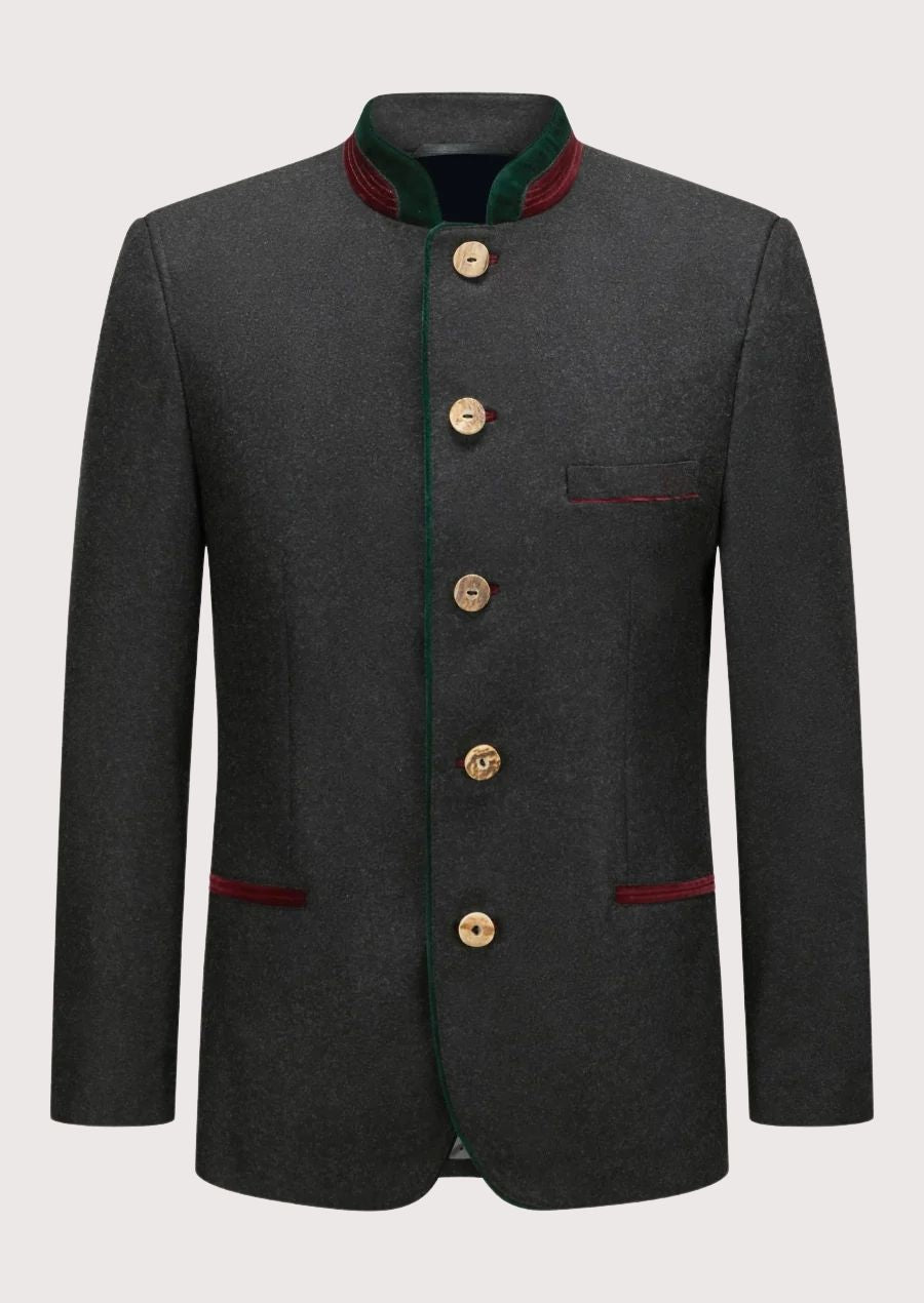 Men’s Trachten Jacket in Grey with Burgundy and Green Detailing - Perfect for Oktoberfest