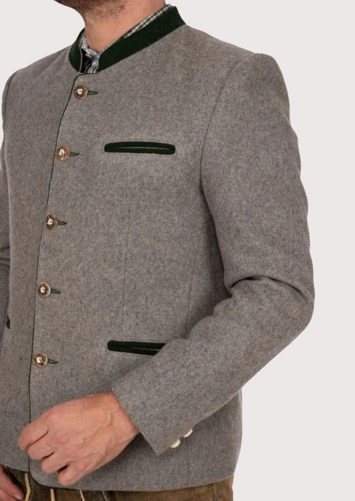 Authentic Trachten jacket for men in grey wool, featuring rustic buttons and velvet details – ideal for festivals.