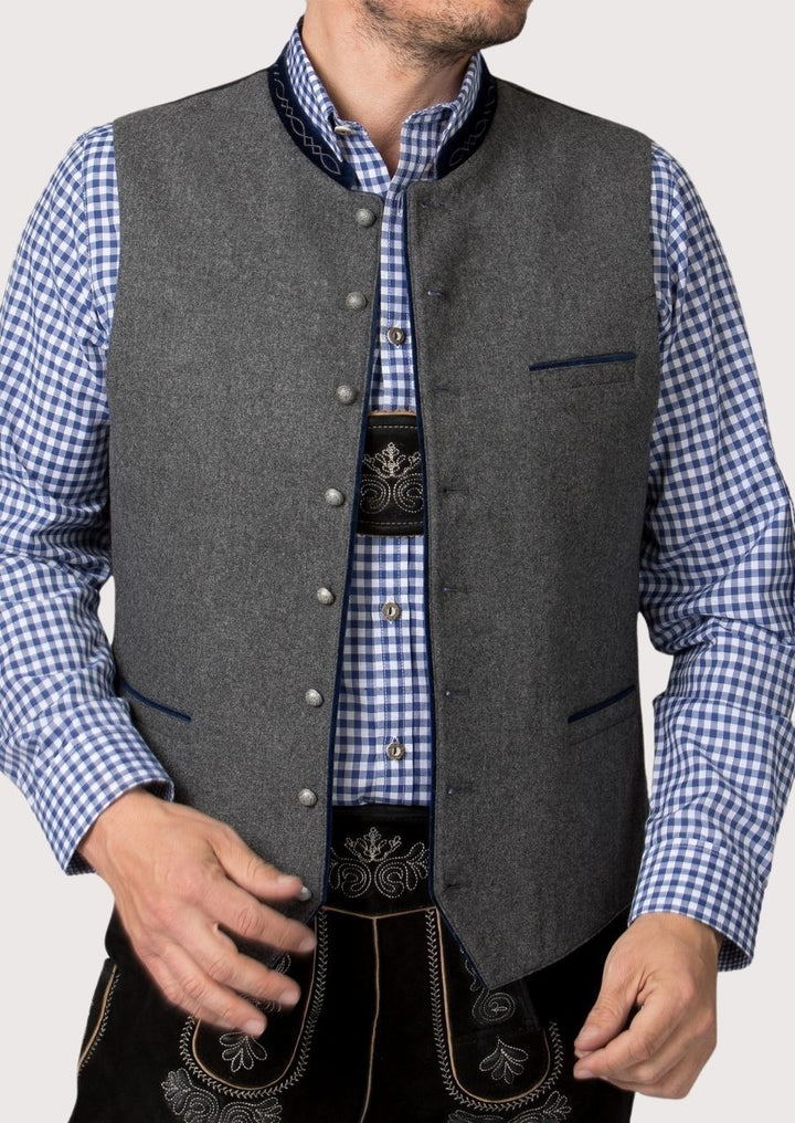 Stylish Men’s Trachten Vest featuring velvet trims and a tailored fit, perfect for formal and cultural occasions.