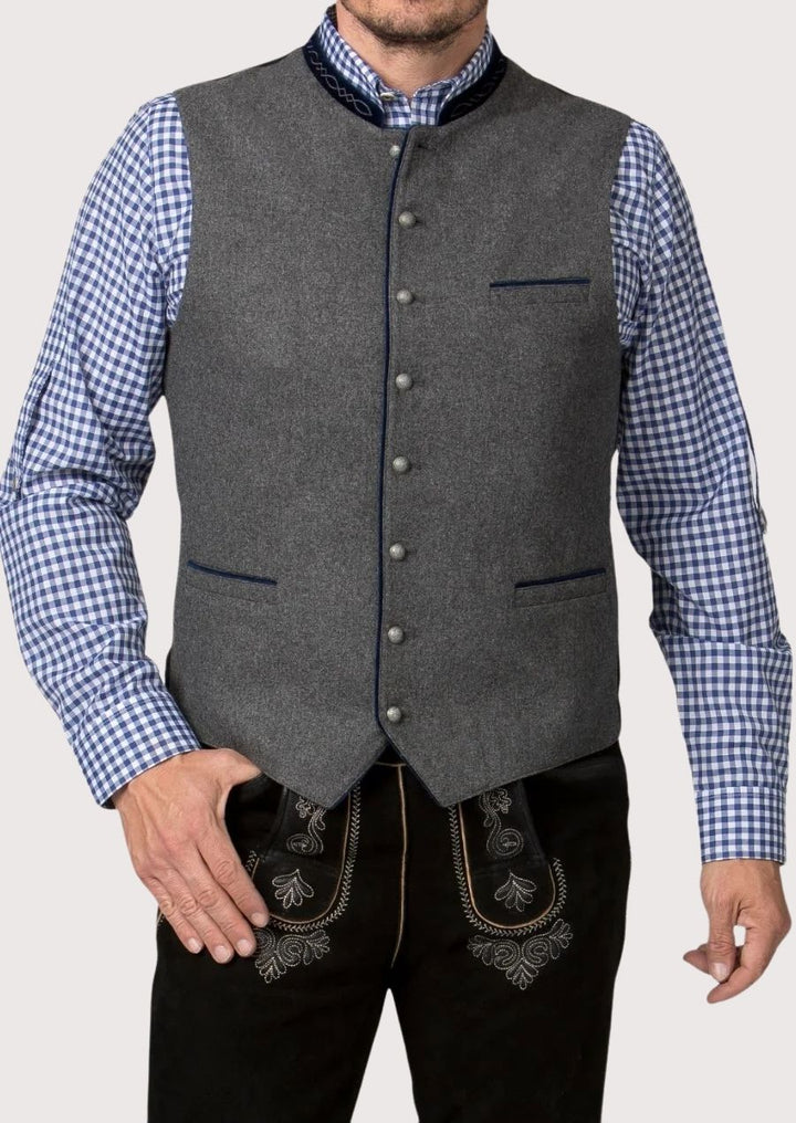 Classic Bavarian Trachten Vest with silver-tone buttons and velvet detailing, ideal for Oktoberfest and weddings.