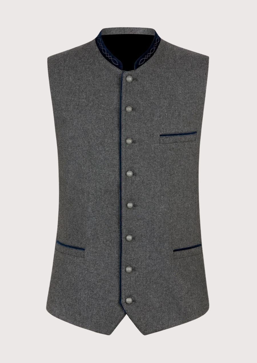 Men’s Trachten Vest in grey with velvet trims, perfect for Oktoberfest and cultural events.