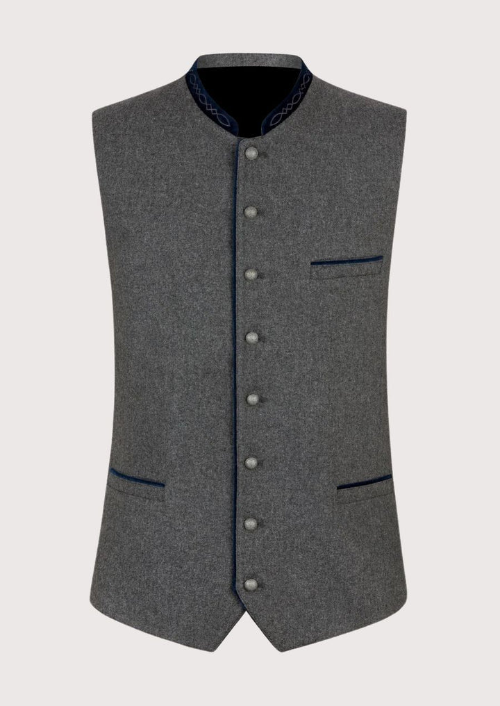 Men’s Trachten Vest in grey with velvet trims, perfect for Oktoberfest and cultural events.