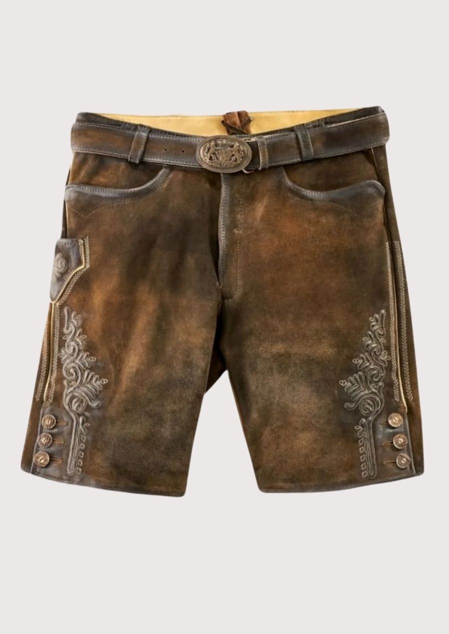 Premium men traditional lederhosen in brown with intricate embroidery, ideal for Oktoberfest and cultural festivals.