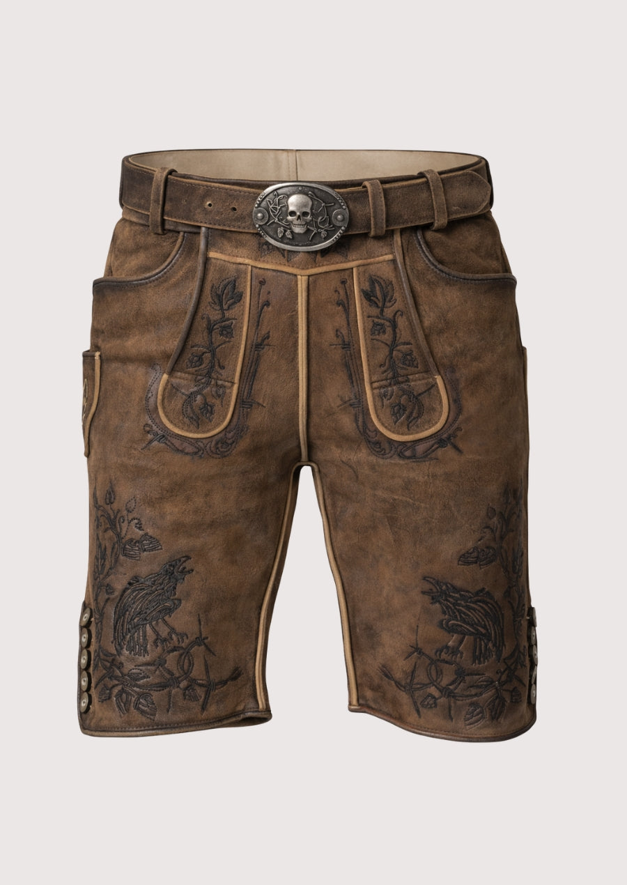 Brown leather shorts with embroidery and a belt on a light gray background