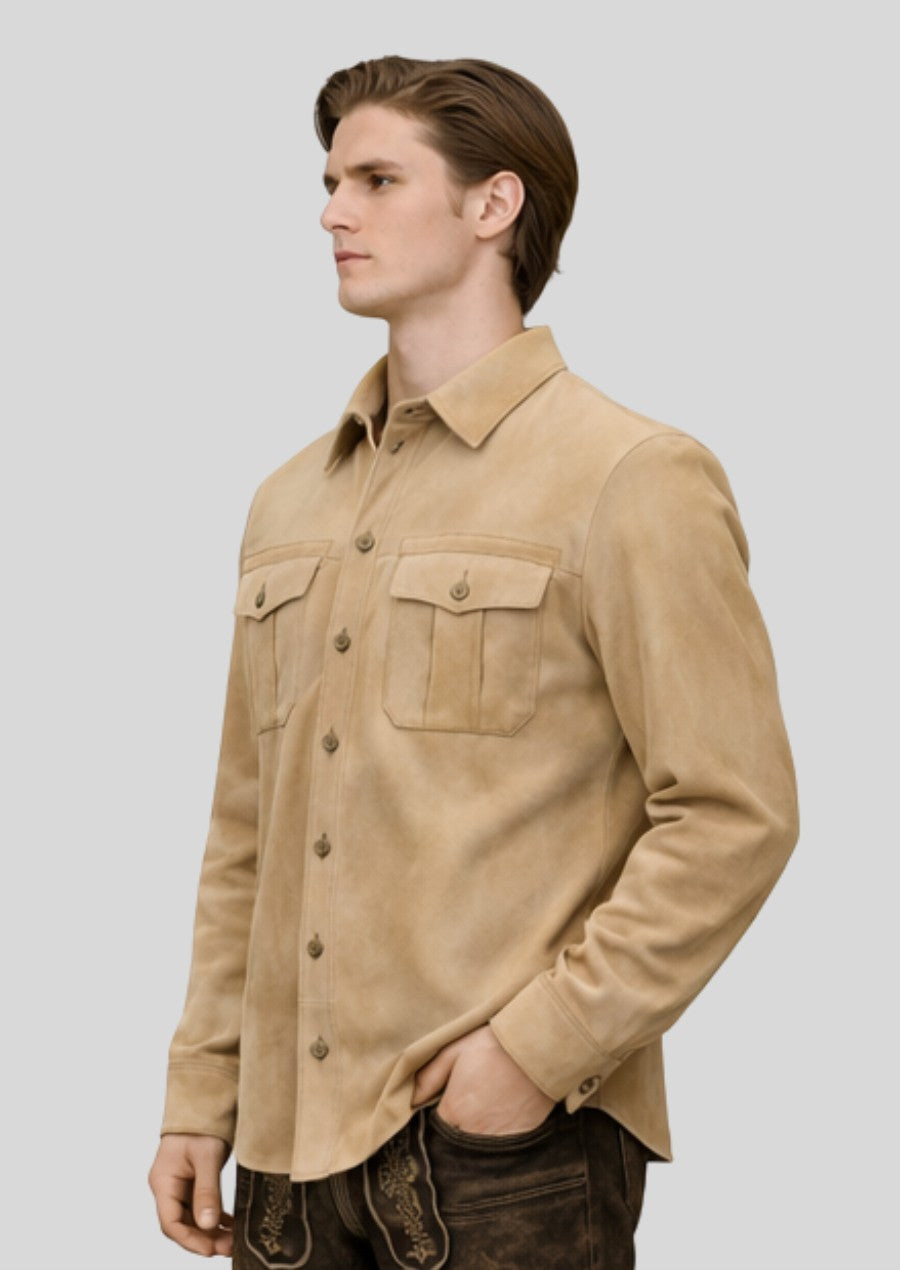Men’s tan brown alpine suede janker jacket styled for Oktoberfest wear
