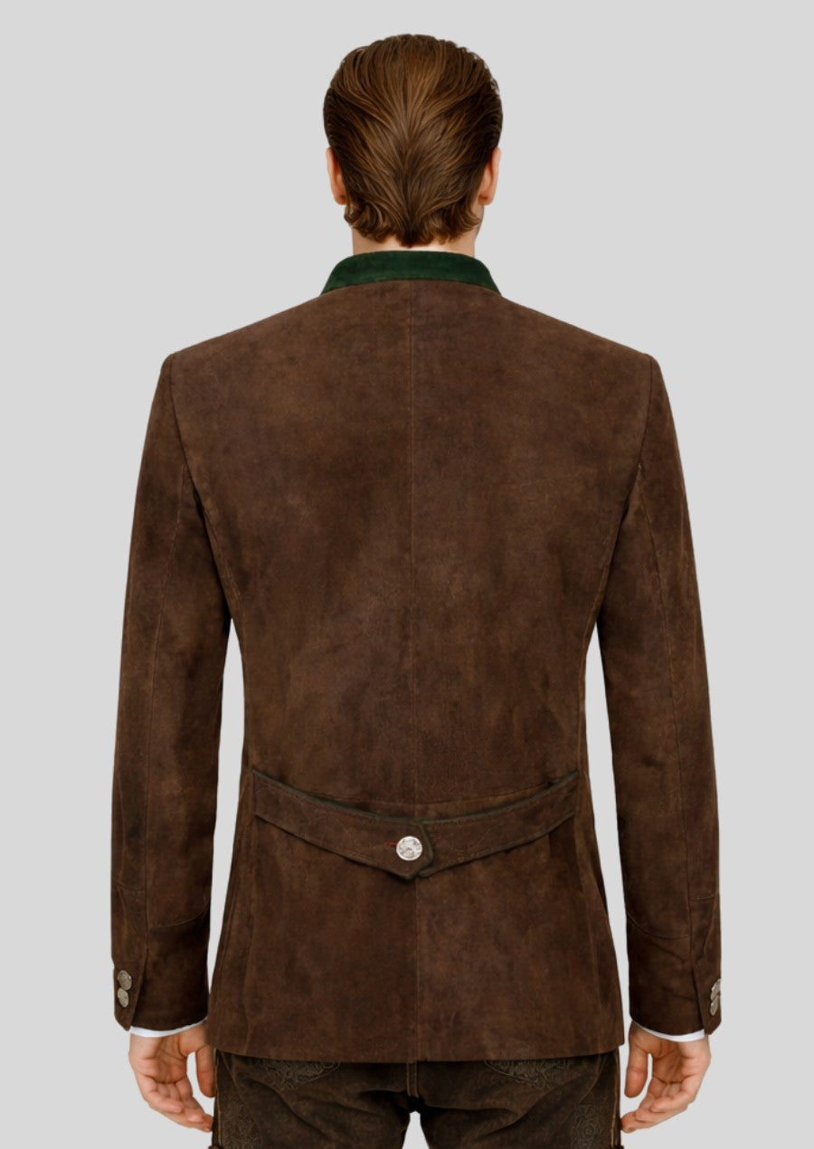 Men dressed in an Oktoberfest Trachten jacket with timeless Bavarian design details