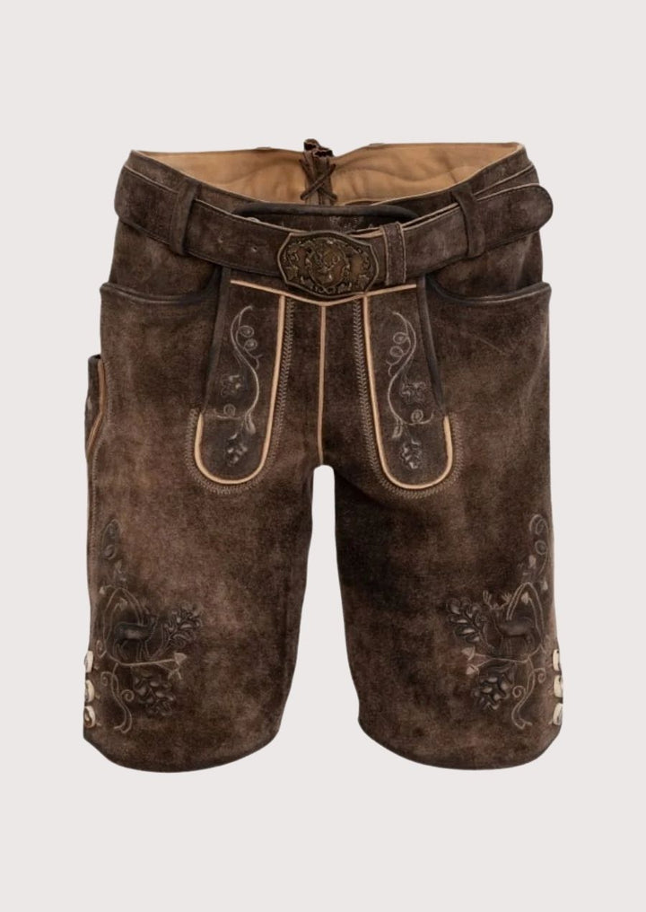 Brown leather shorts with decorative stitching on a white background