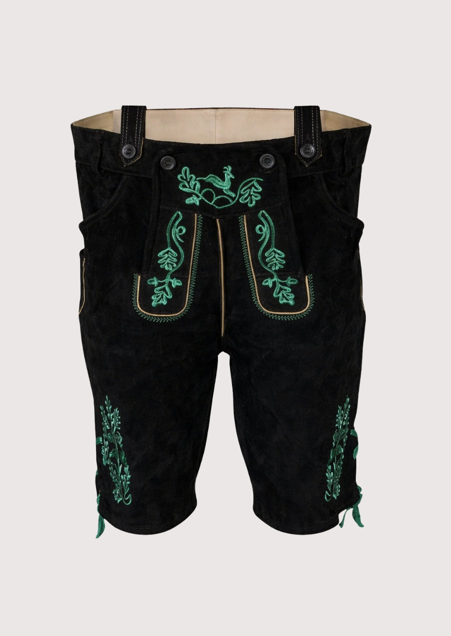 Authentic German black lederhosen with folk embroidery and classic suspenders