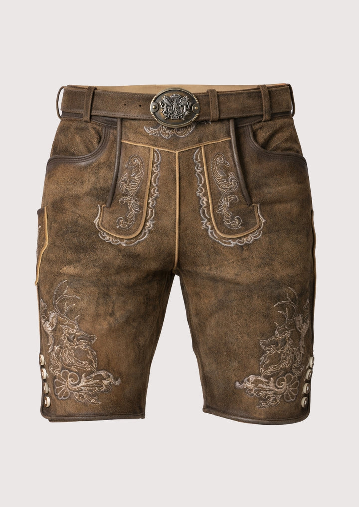 Brown leather shorts with intricate embroidery on a white background