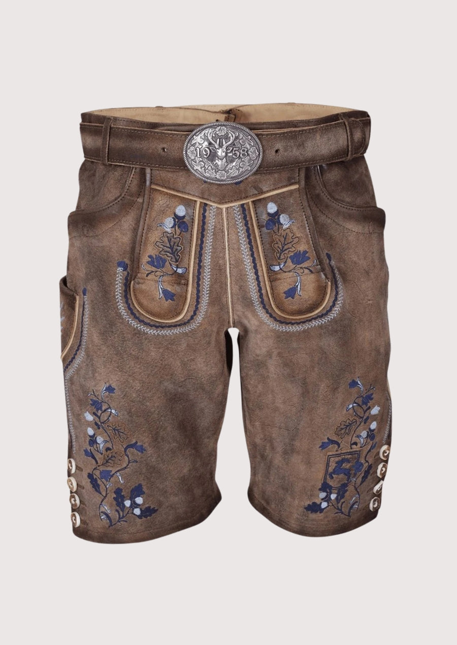 Brown leather shorts with floral embroidery and a silver buckle on a white background