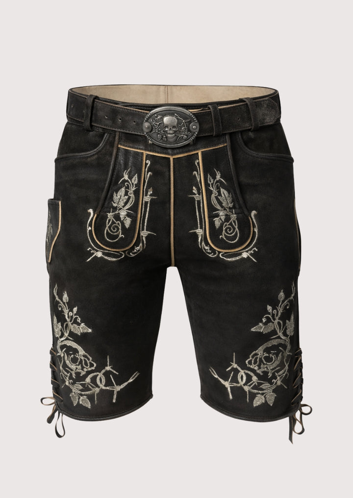 Black leather shorts with floral embroidery and a belt on a white background