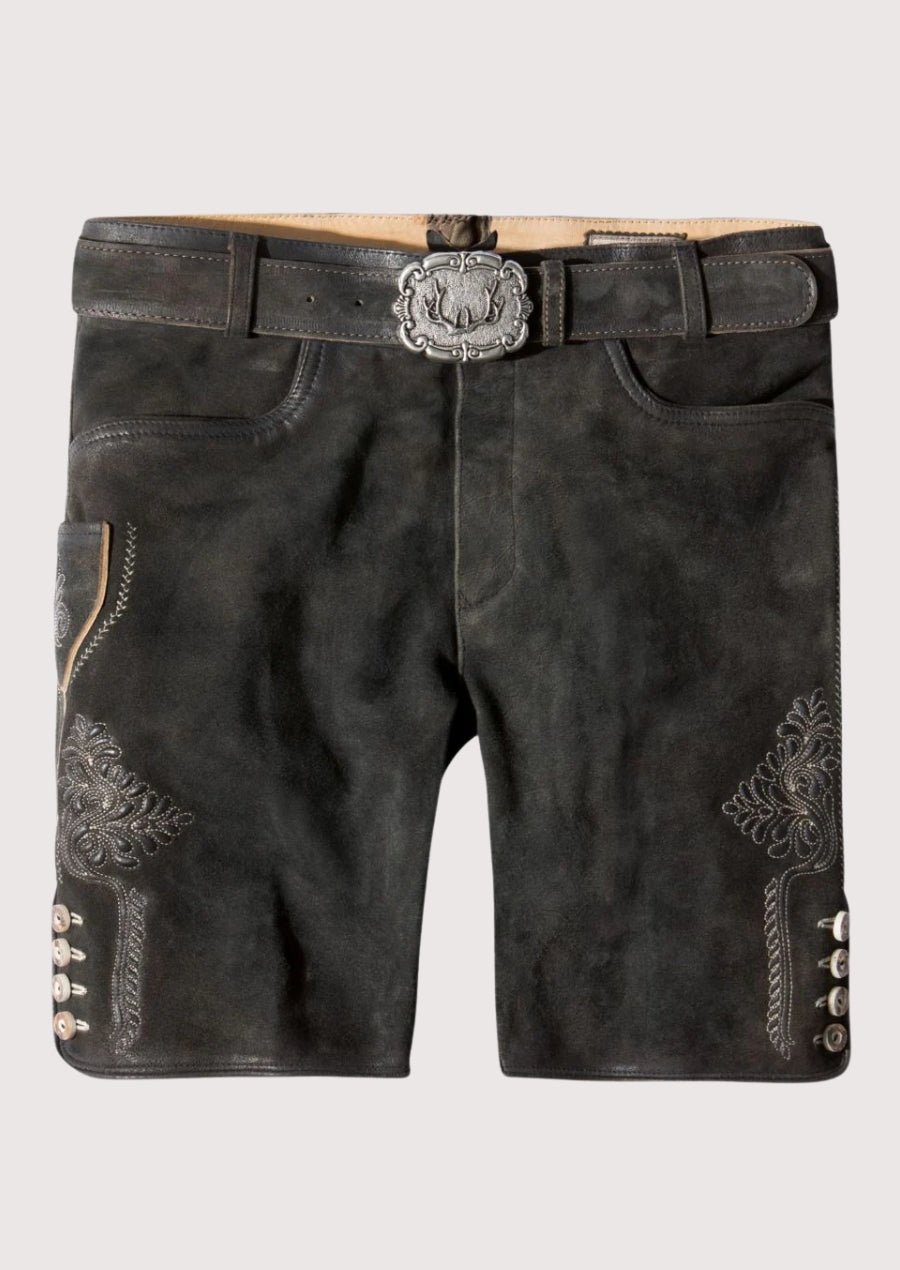 Black leather shorts with decorative elements on a white background