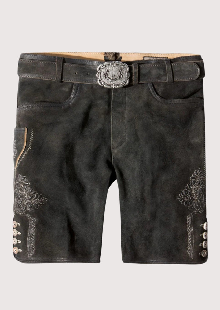 Black leather shorts with decorative elements on a white background