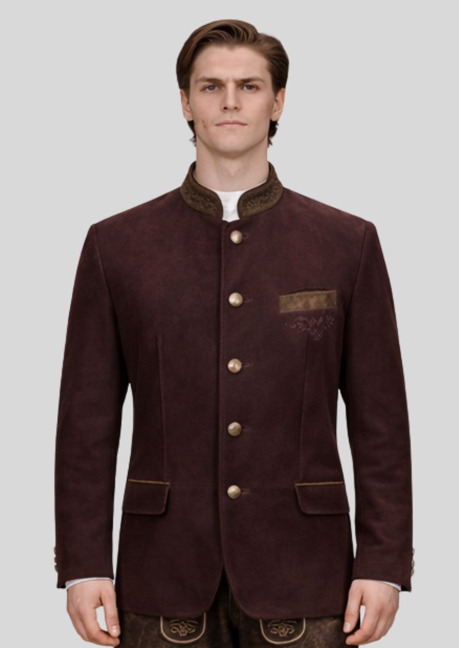 Men wearing a brown Bavarian Trachten jacket with traditional buttons and classic alpine styling