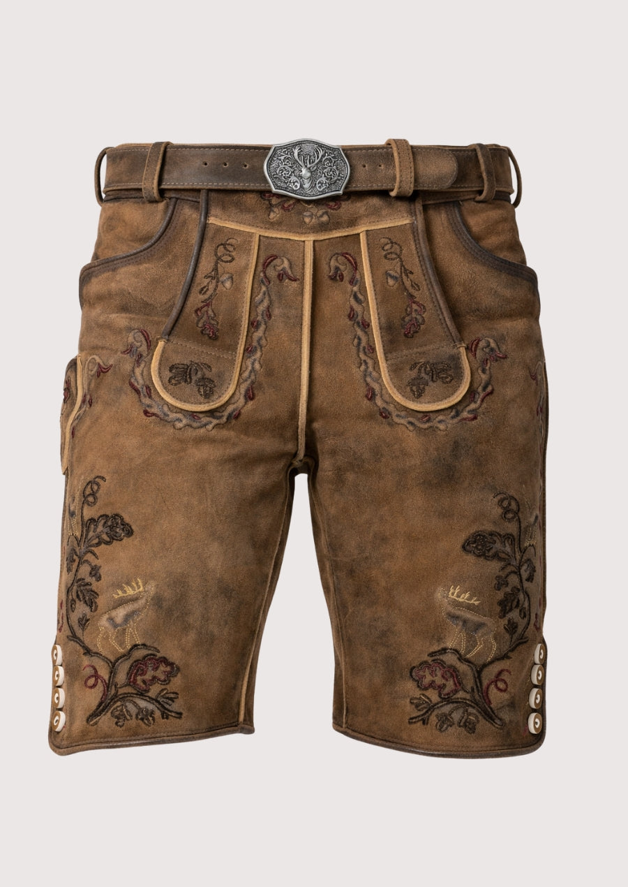 Brown leather shorts with floral embroidery and a belt on a light gray background