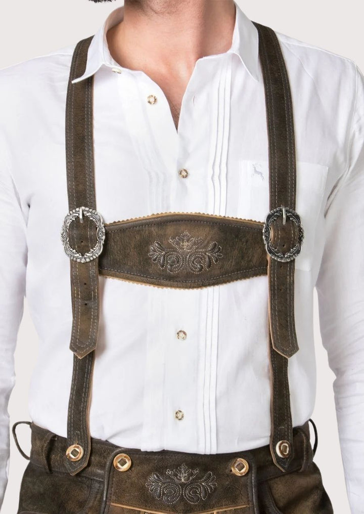 Authentic leather Bundhosen for men with premium craftsmanship and adjustable fit, perfect for winter events and casual wear.